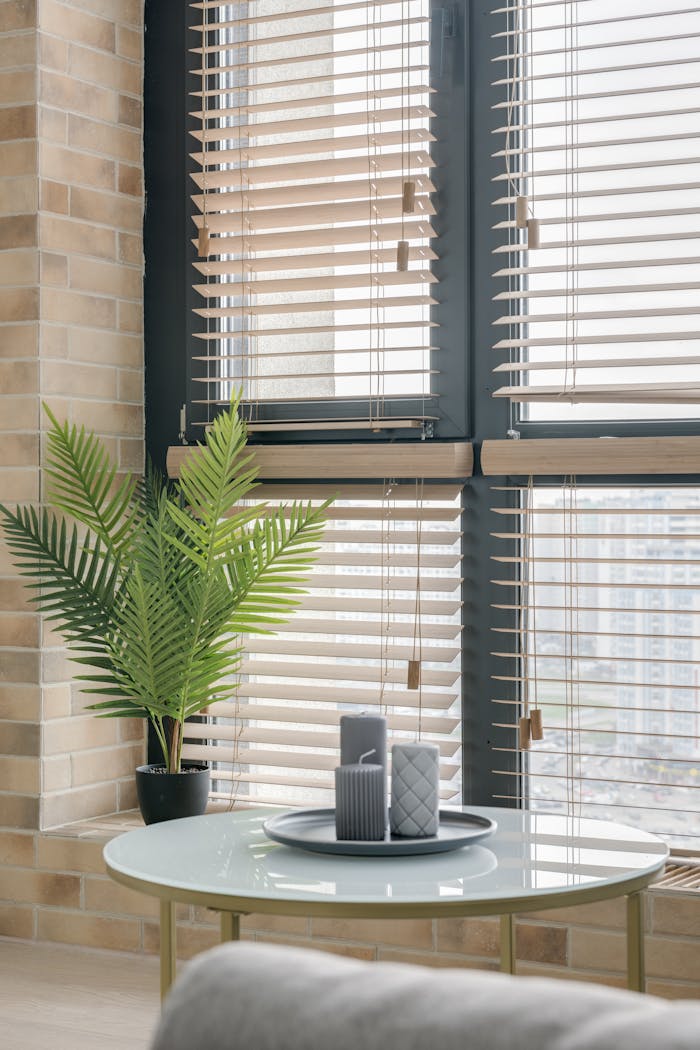 Stylish interior featuring a circular table with candles and a potted plant by large windows with blinds.